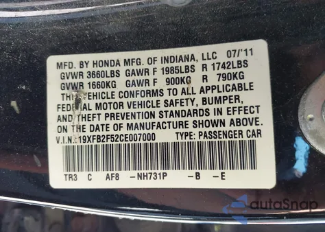 2012 Honda Civic Lx из США, поврежденный, VIN 19XFB2F52CE007000